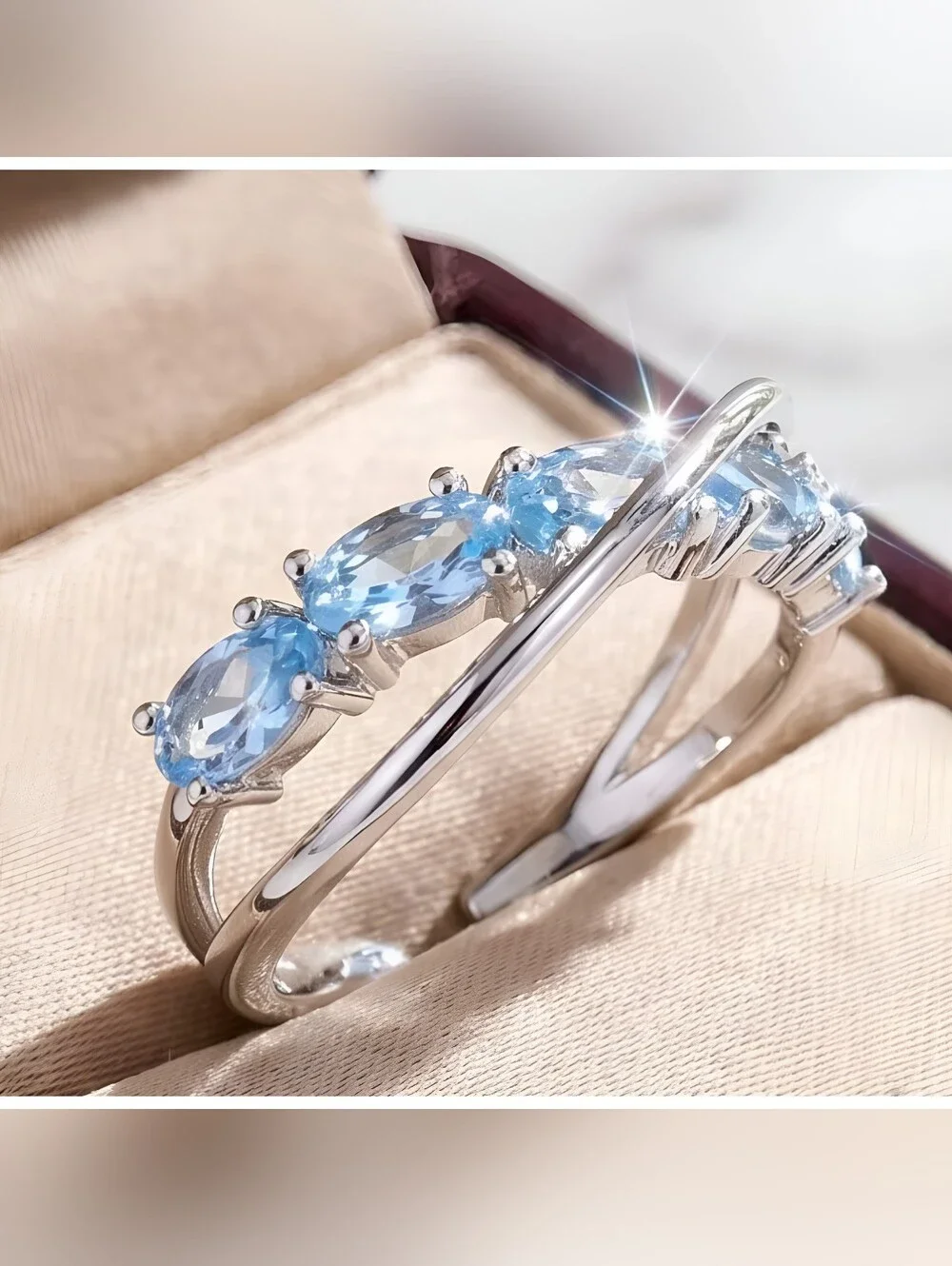 'Criss Cross' simulated Aquamarine ring in Stainless Steel, Adjustable 7-8